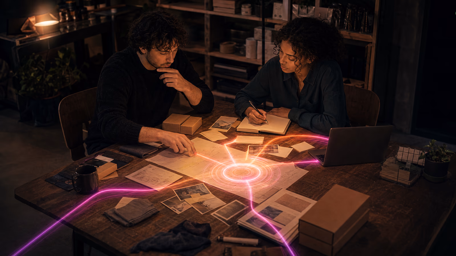 An owner and advisor organize business materials as colored paths resolve into one clear plan.