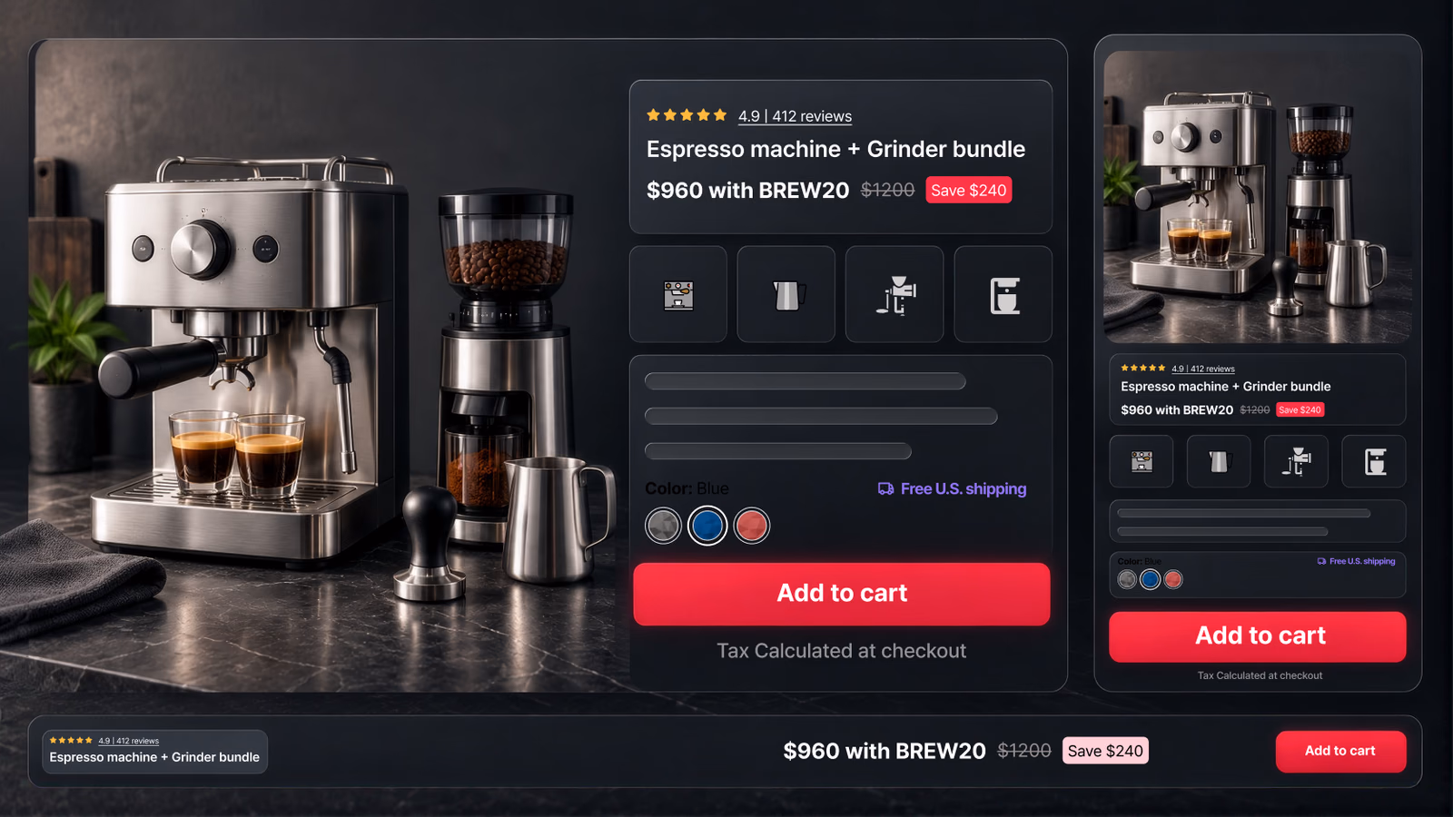Desktop and mobile mockups show an illustrative espresso bundle with a code price, savings, product choices and Add to Cart.