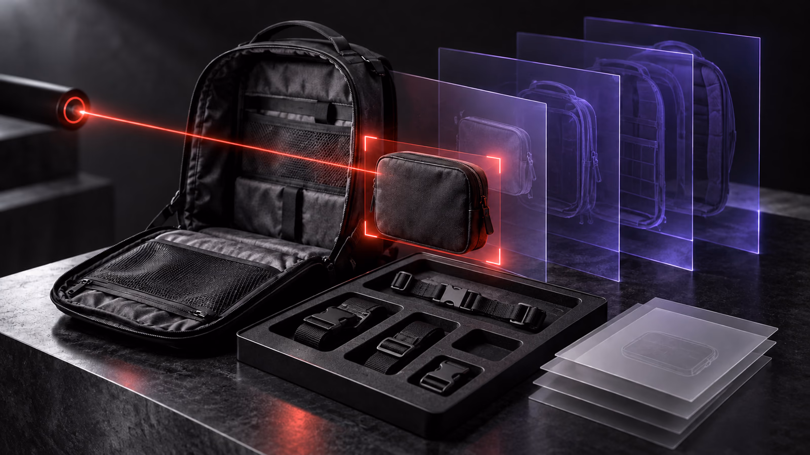 A backpack and its detachable parts sit beside inspection cards at a focused review station.