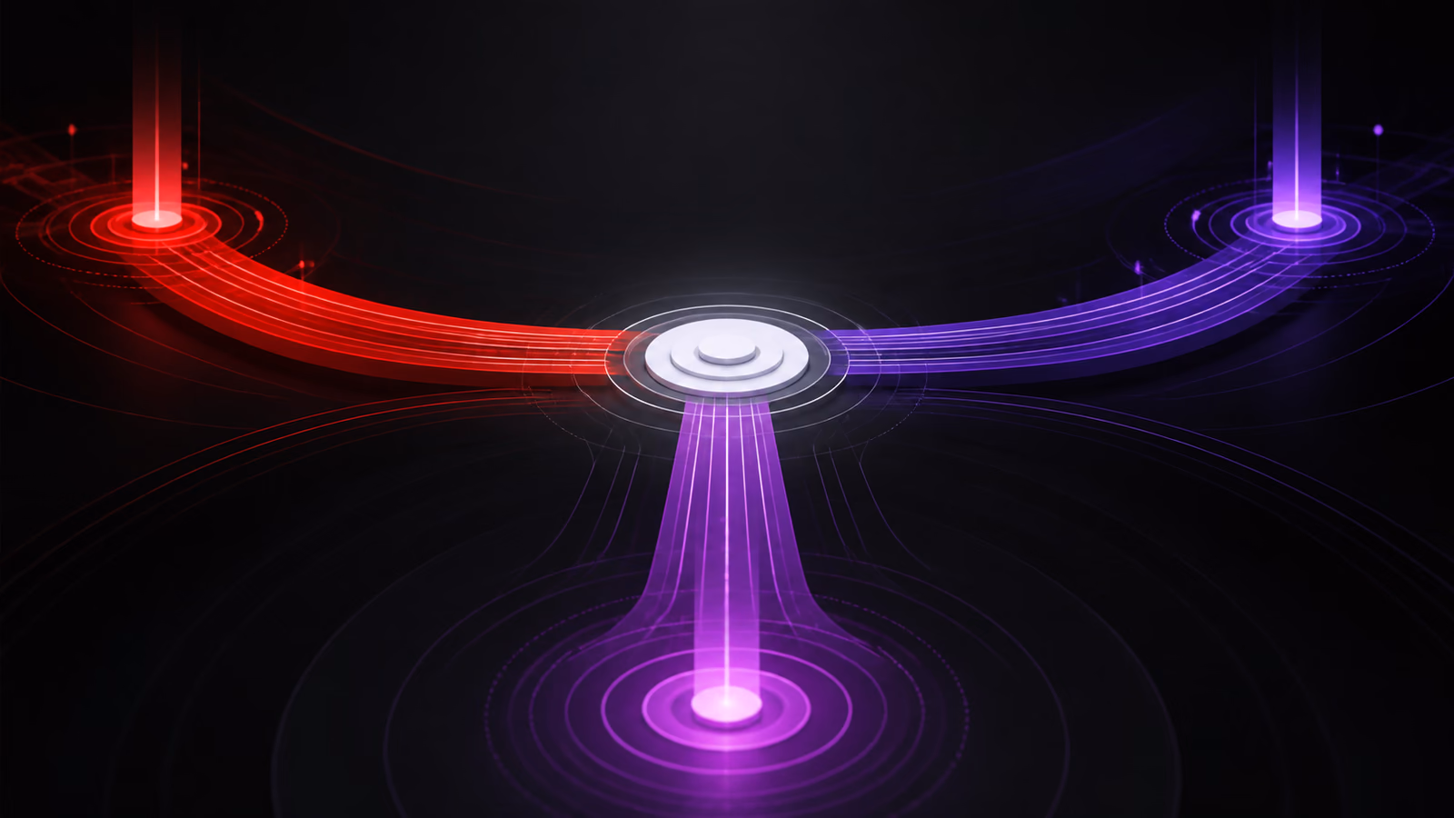 Three red and violet ecommerce paths for acquisition, purchase confidence, and retention meet at one clear central target.