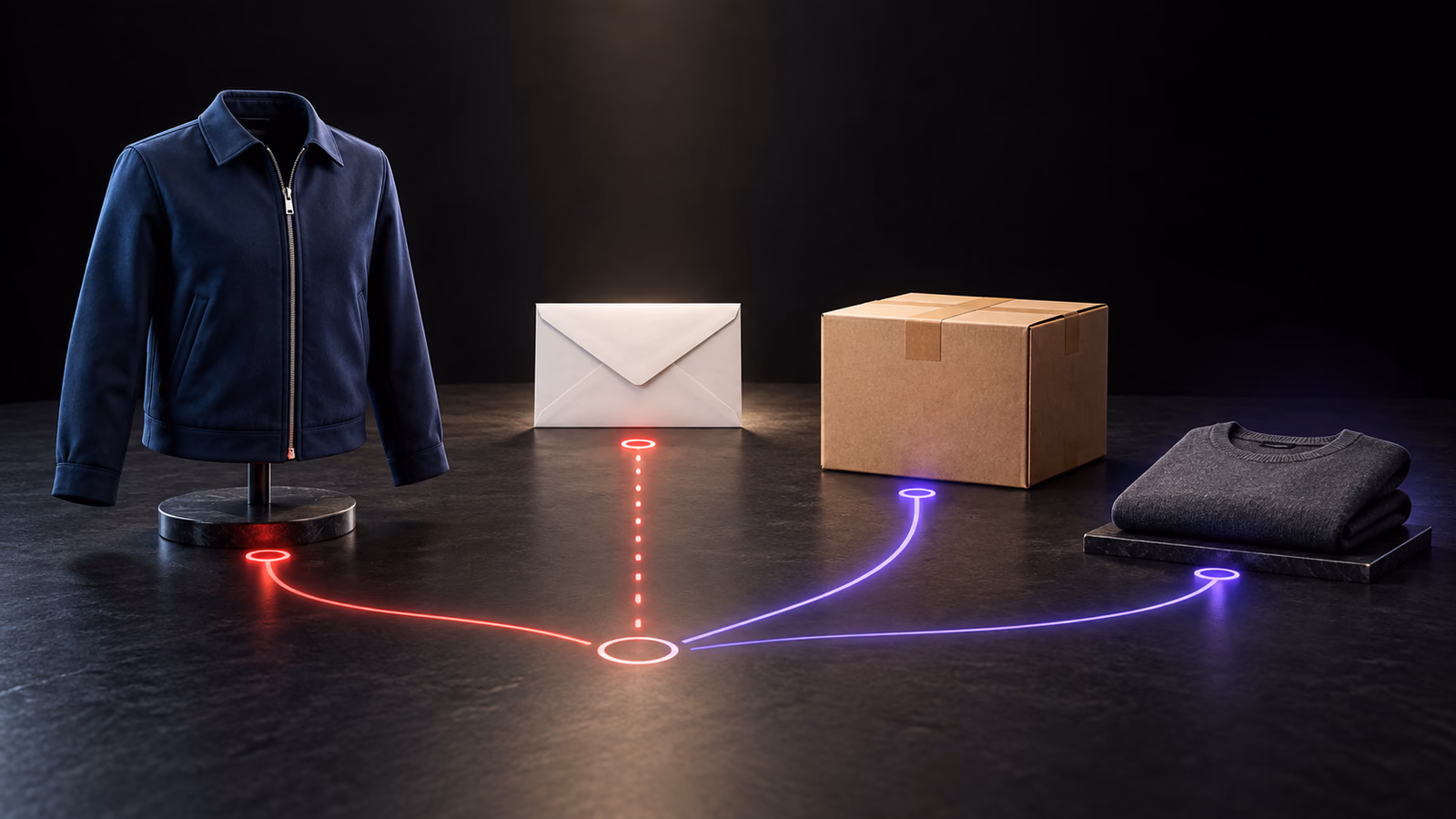 A jacket, envelope, shipping box and alternative garment arranged as distinct choices.