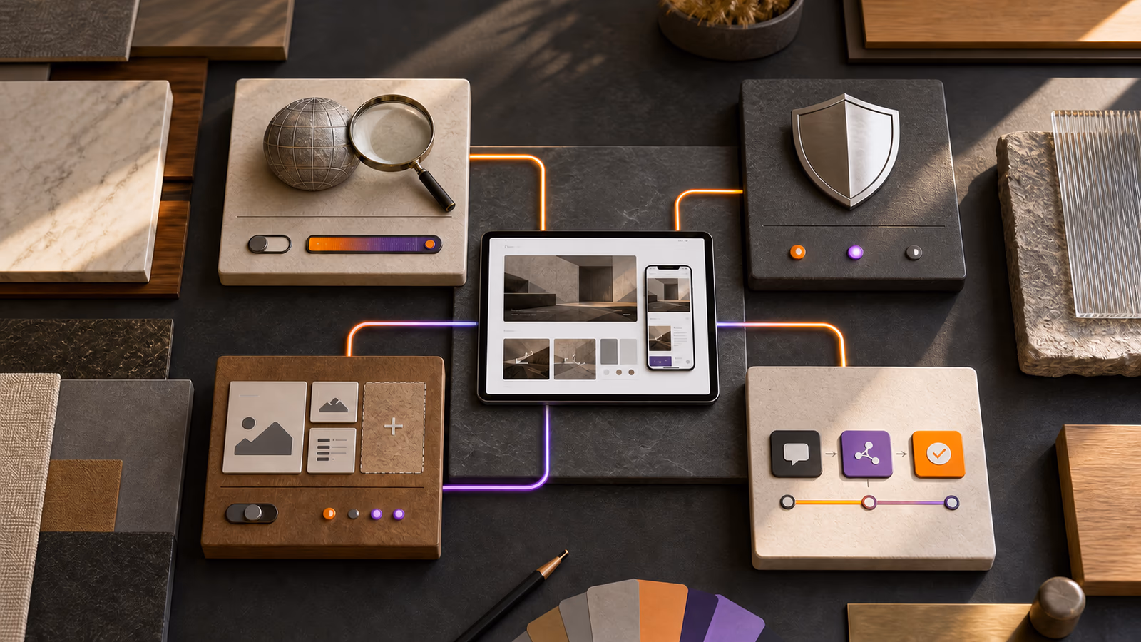 Four website ownership modules for search, security, editing, and managed updates connect to one responsive site.