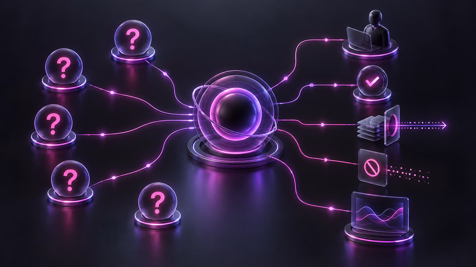 Five prospecting questions orbit a controlled AI Worker system with source, approval, suppression, and monitoring checkpoints.
