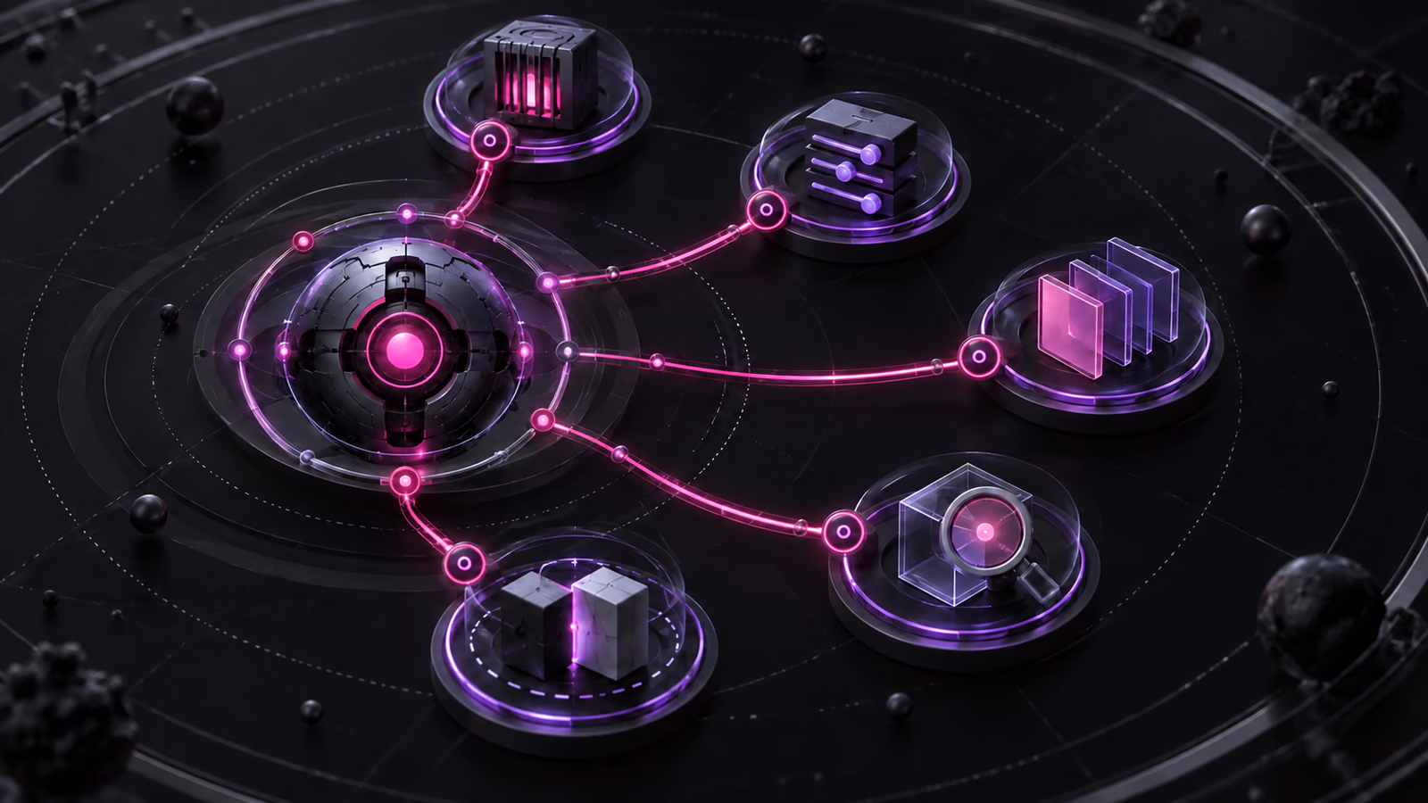 A Worker core is surrounded by five bounded question paths for access, configuration, interfaces, verification, and compatibility.