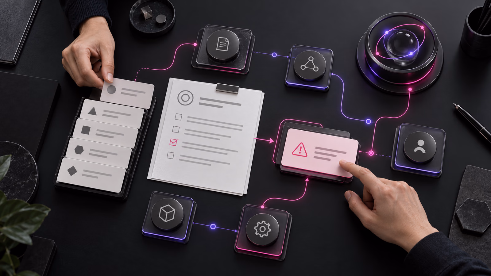 A planning conversation uses a job brief, tools, workload cards and an exception checkpoint to clarify AI needs.