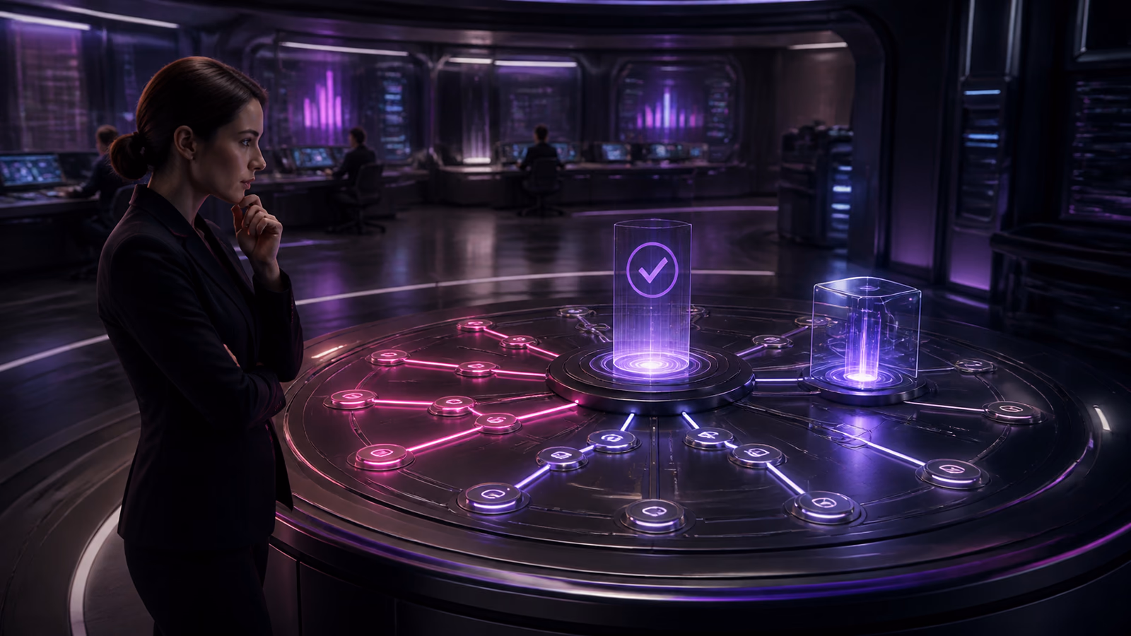 A human operator and AI Worker pause at a controlled decision checkpoint.