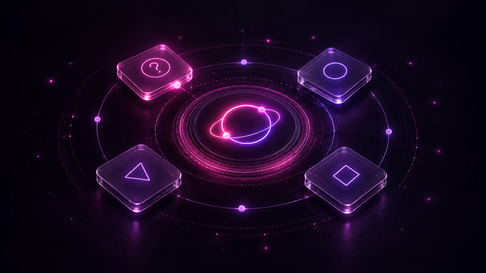 Four abstract question modules orbit a worker core beside a decision checkpoint.