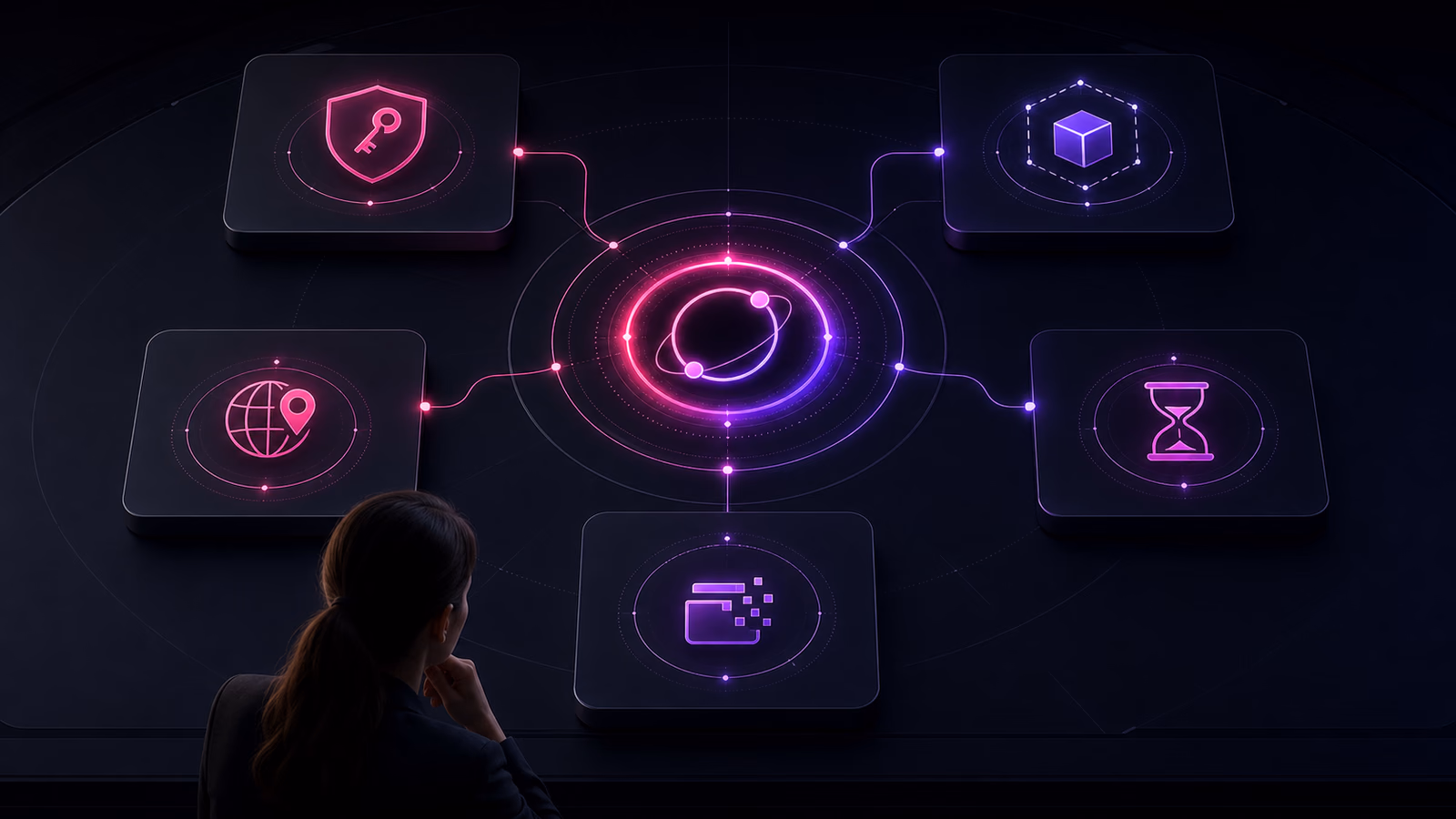 A business operator reviews AI Worker controls for access, boundaries, location, retention, and deletion around an Orbit Halo Worker core.