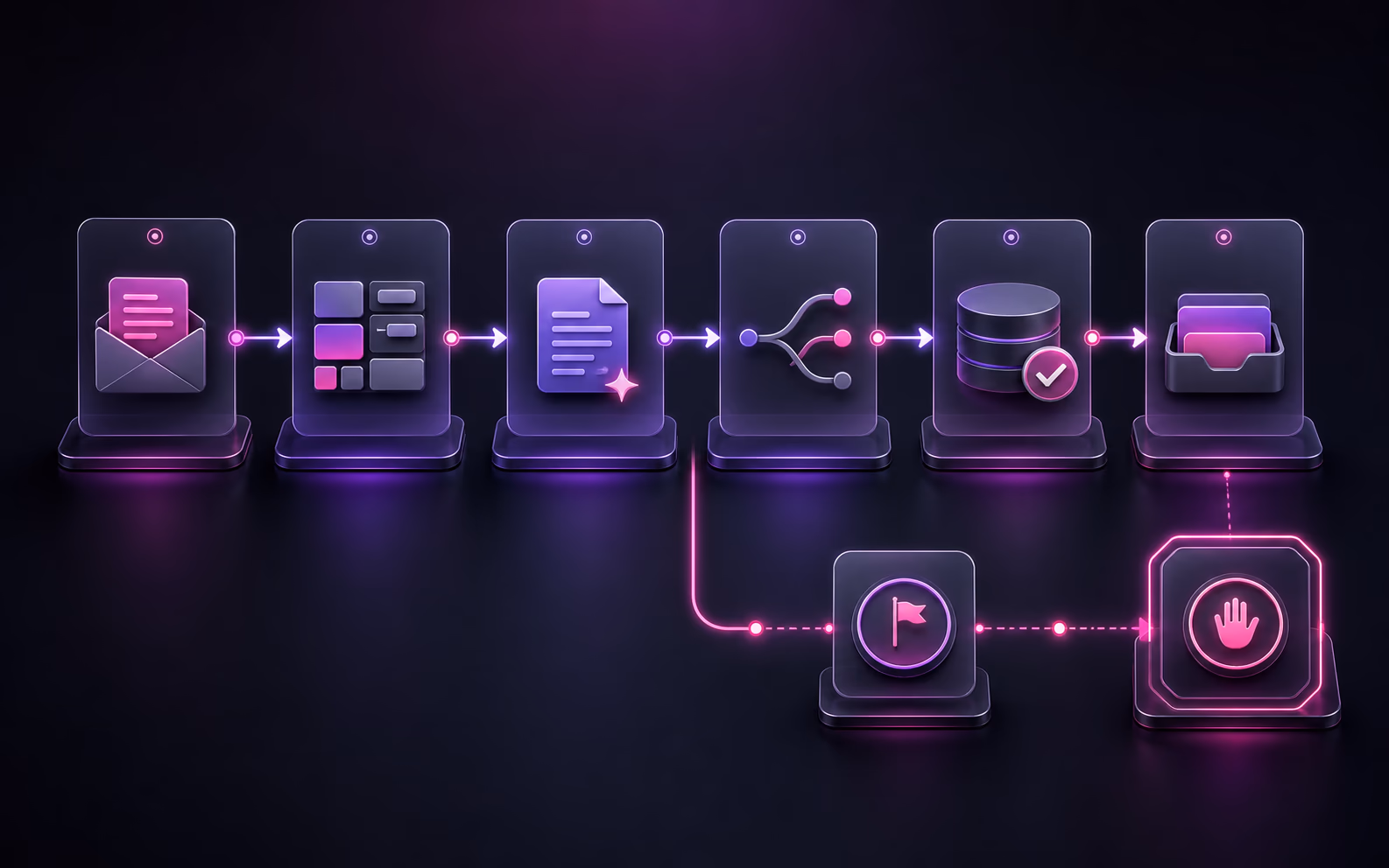 Abstract workflow showing incoming work being organized, drafted, routed, updated, queued for approval, and escalated when needed.