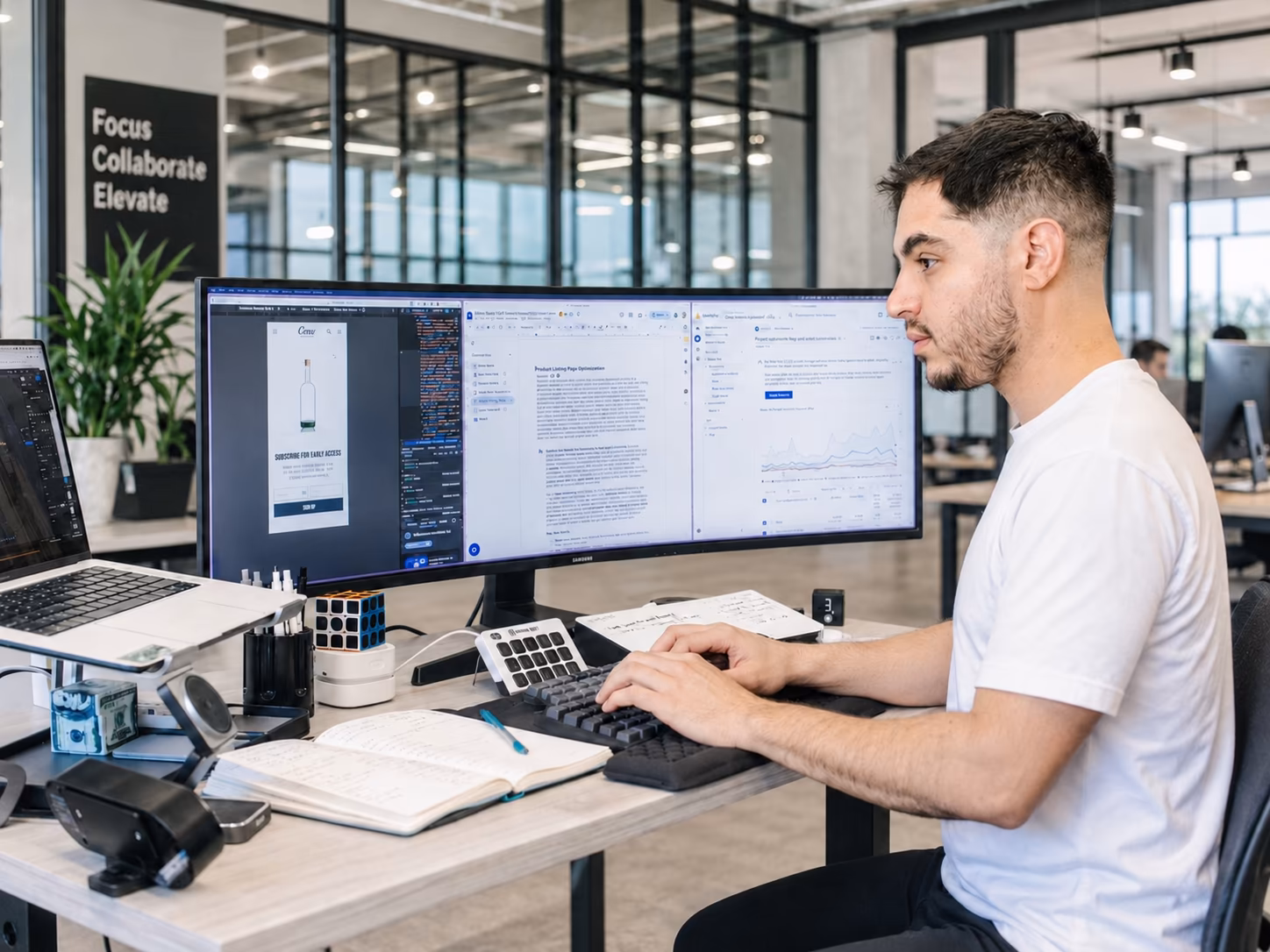 Eduardo Rigonato reviewing work at his office workstation