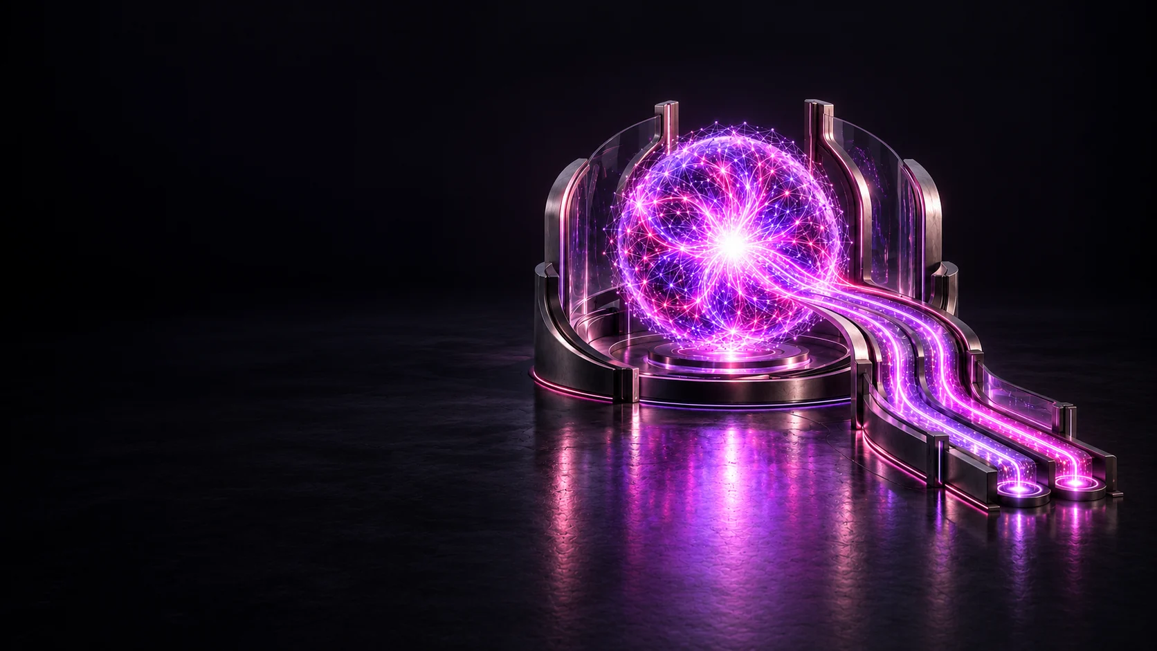A luminous AI core inside an open architectural frame, directing energy through clearly bounded pathways.