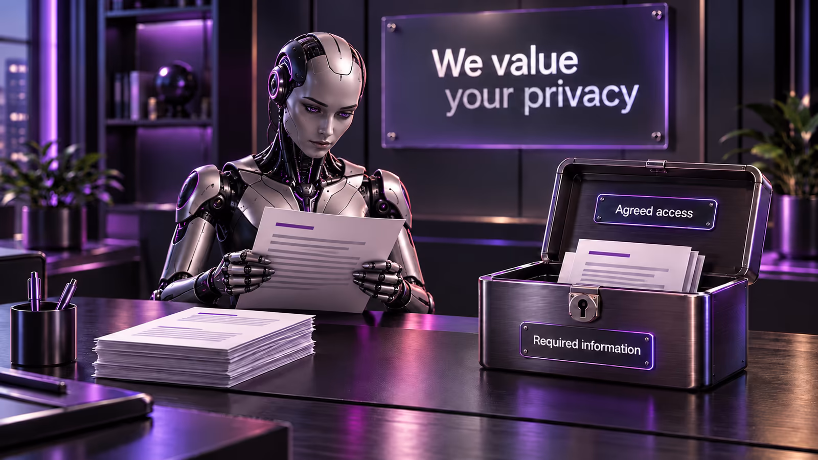 A humanoid AI robot carefully reads paperwork beside a secured chest labeled Required information and Agreed access, beneath a We value your privacy sign.
