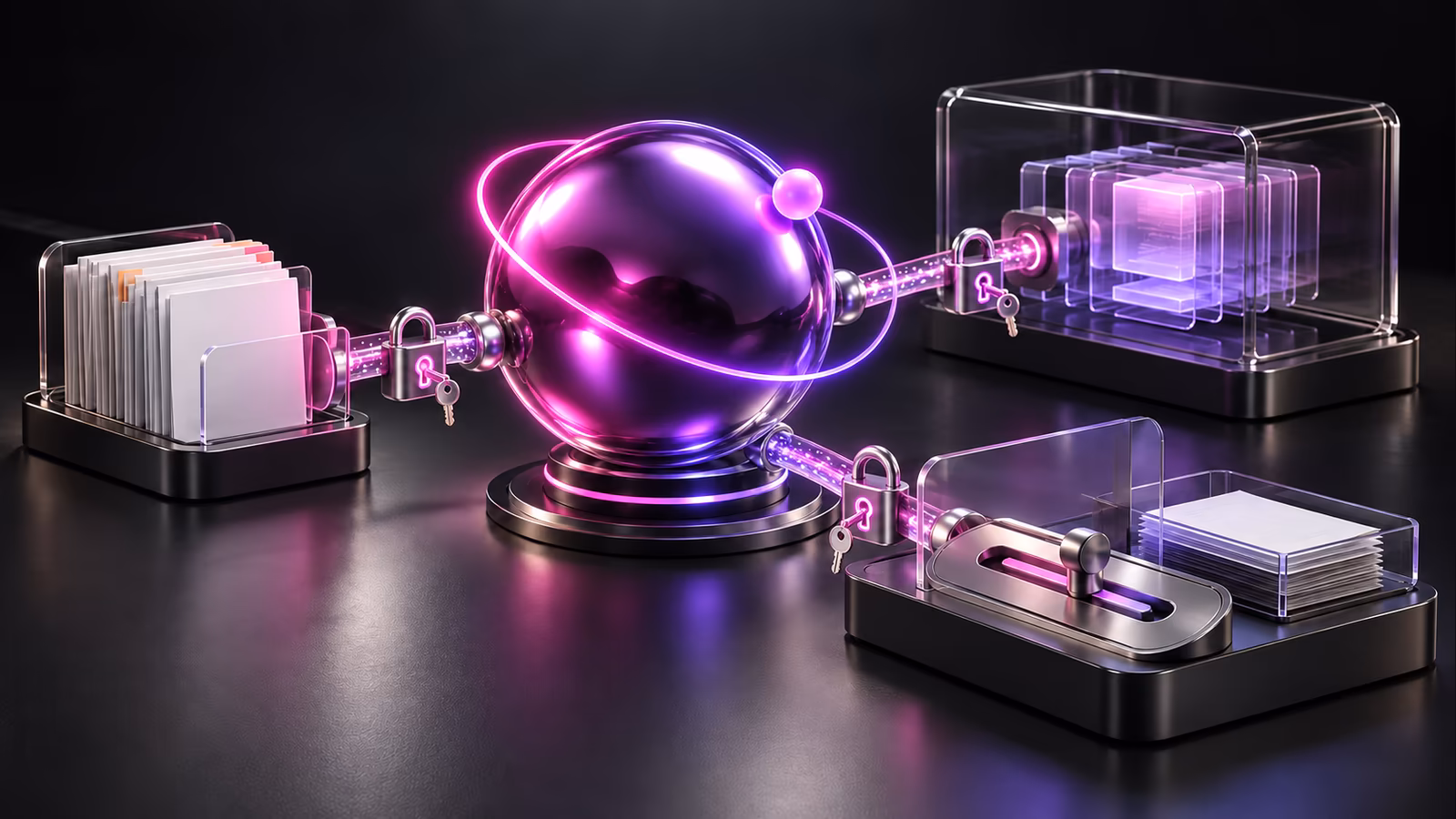 A metallic purple and magenta planet with one ring and a satellite connects three work stations; every pipe has a padlock and key.