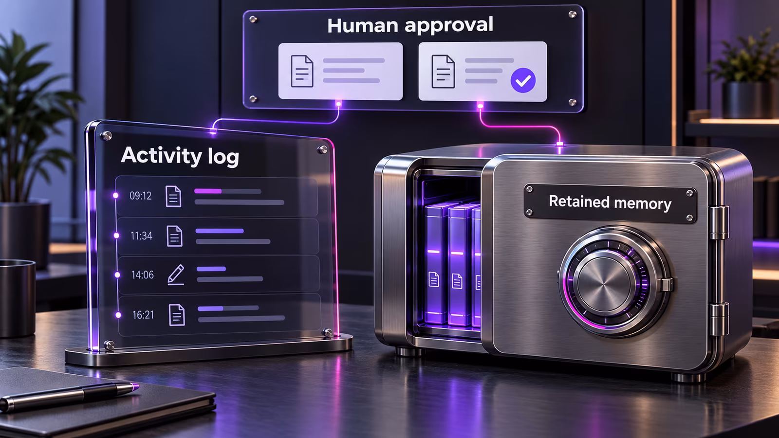 An activity log and retained-memory vault connect to a board labeled Human approval.